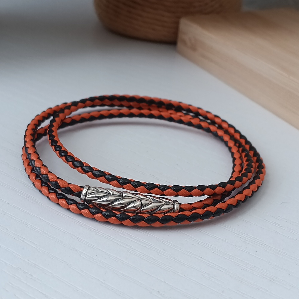 David Yurman Black & Orange Triple Row Leather Chevron Wrap Bracelet